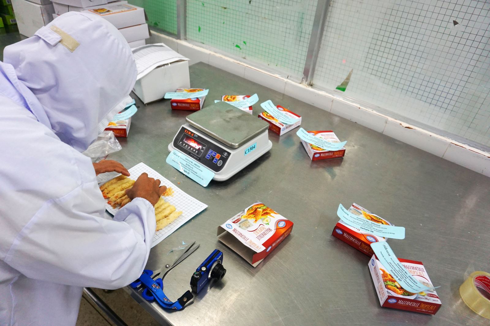 Silvera Food QC Arranges Shrimp Pieces On A Chart To Measure Their Length.
